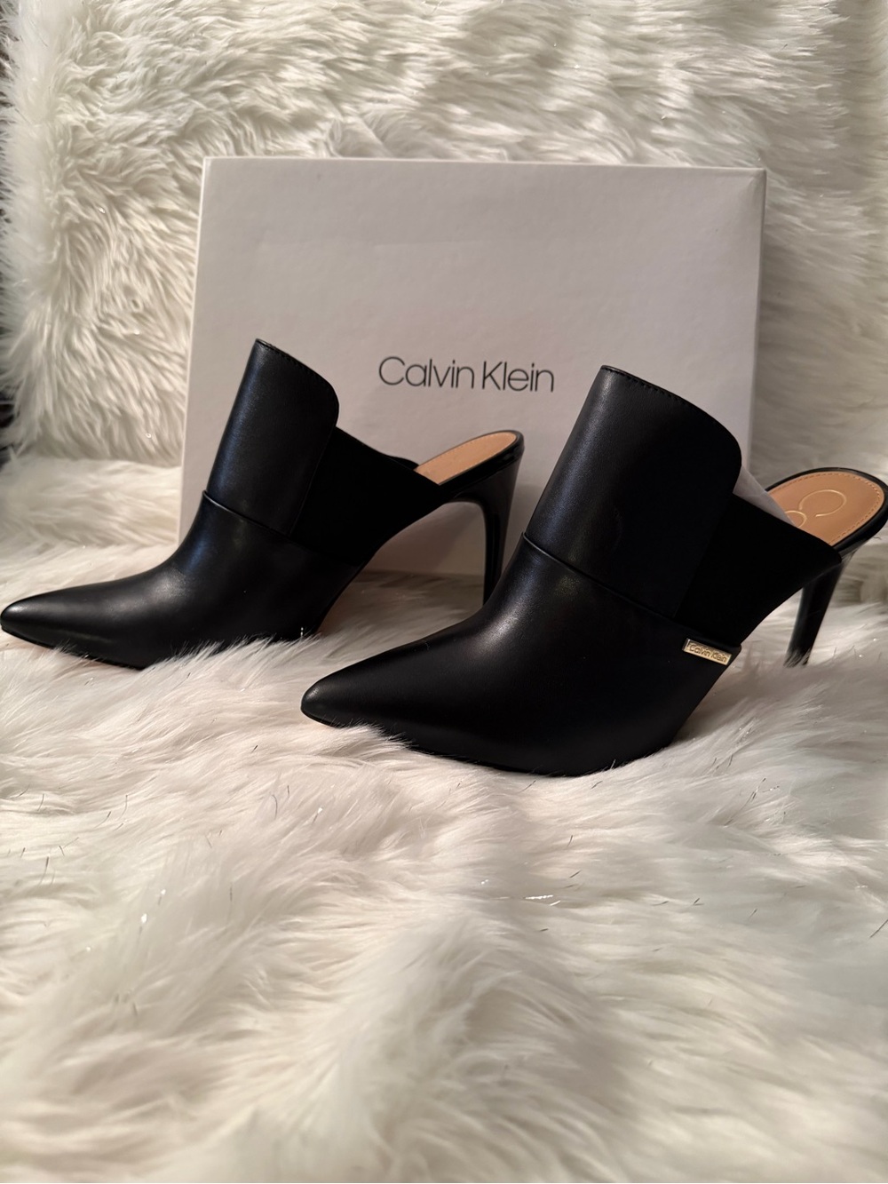 Calvin Klein Black Pointed-Toe Leather Mule Heels